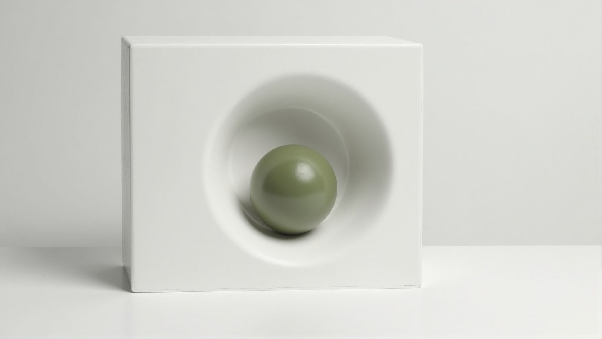 A matte olive-green sphere resting in the hemispherical cut of a white machined block