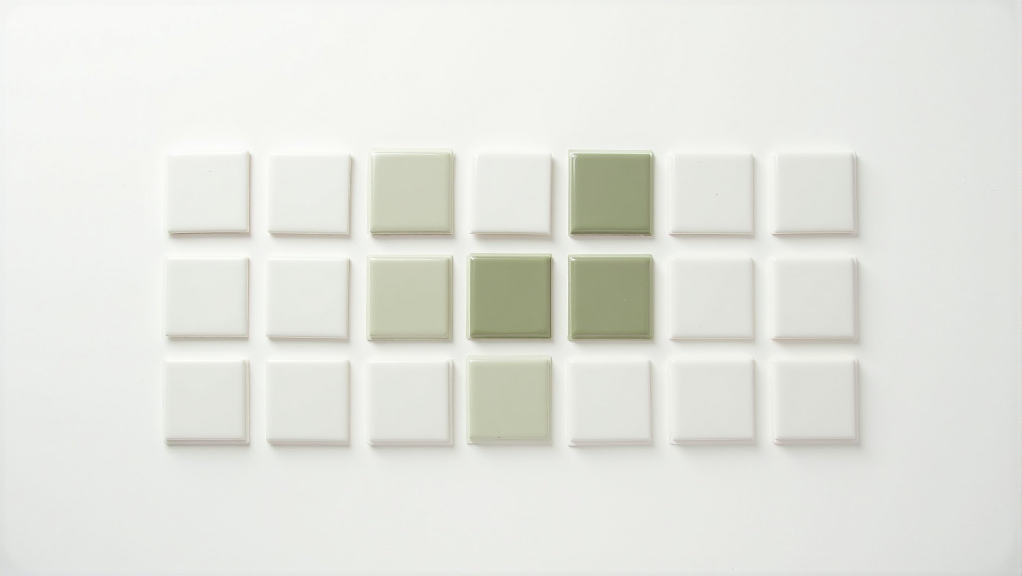 A grid of small matte ceramic tiles, white with a cluster of olive-green ones, laid on a white surface